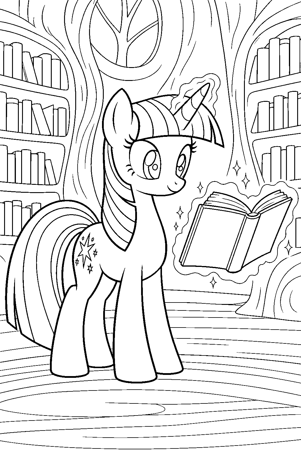 twilight sparkle as a unicorn reading a floating spellbook in golden oak library line art