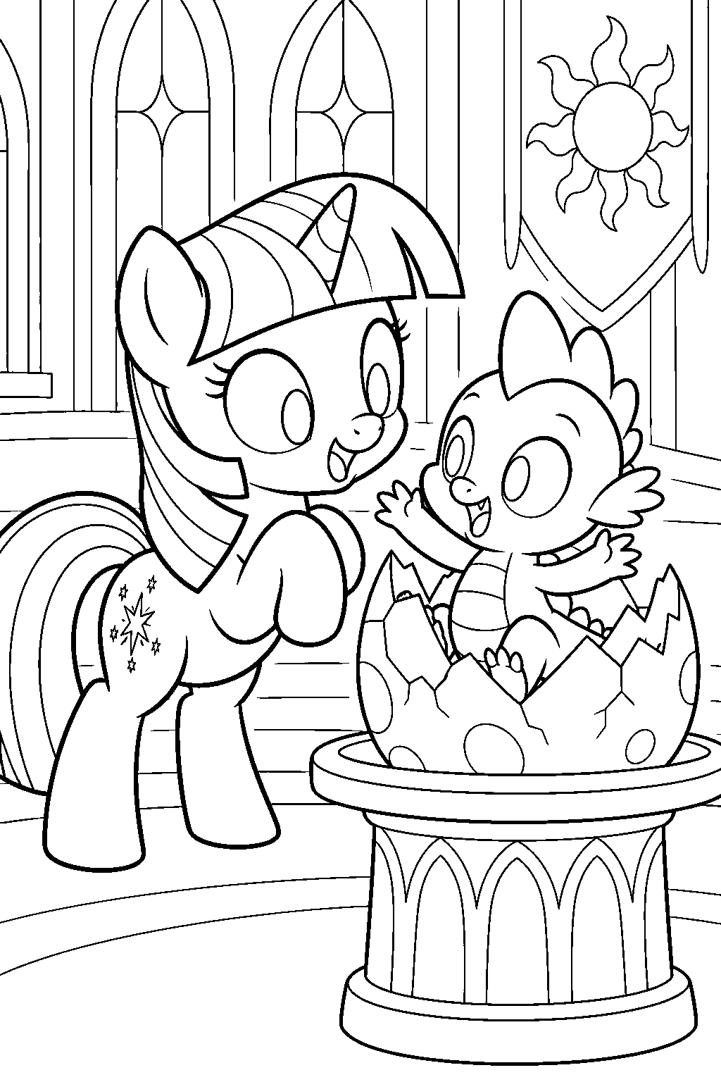 twilight sparkle as a young filly hatching baby spike from his egg at celestia s school line art