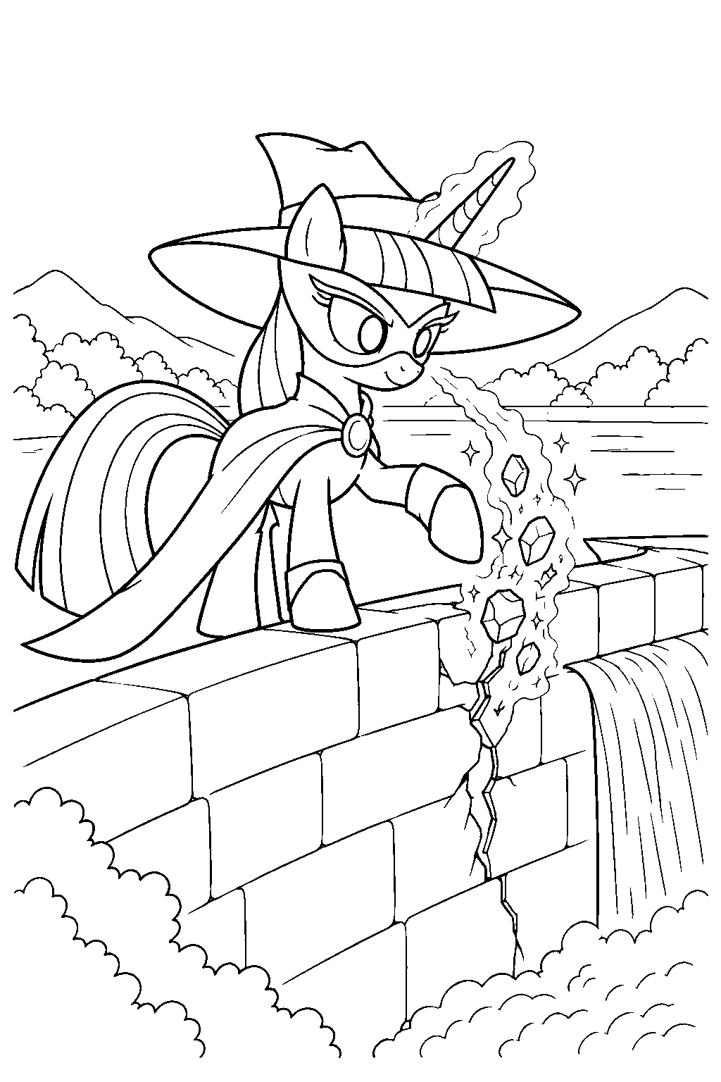 twilight sparkle as mare do well repairing a cracked dam with her horn magic line art