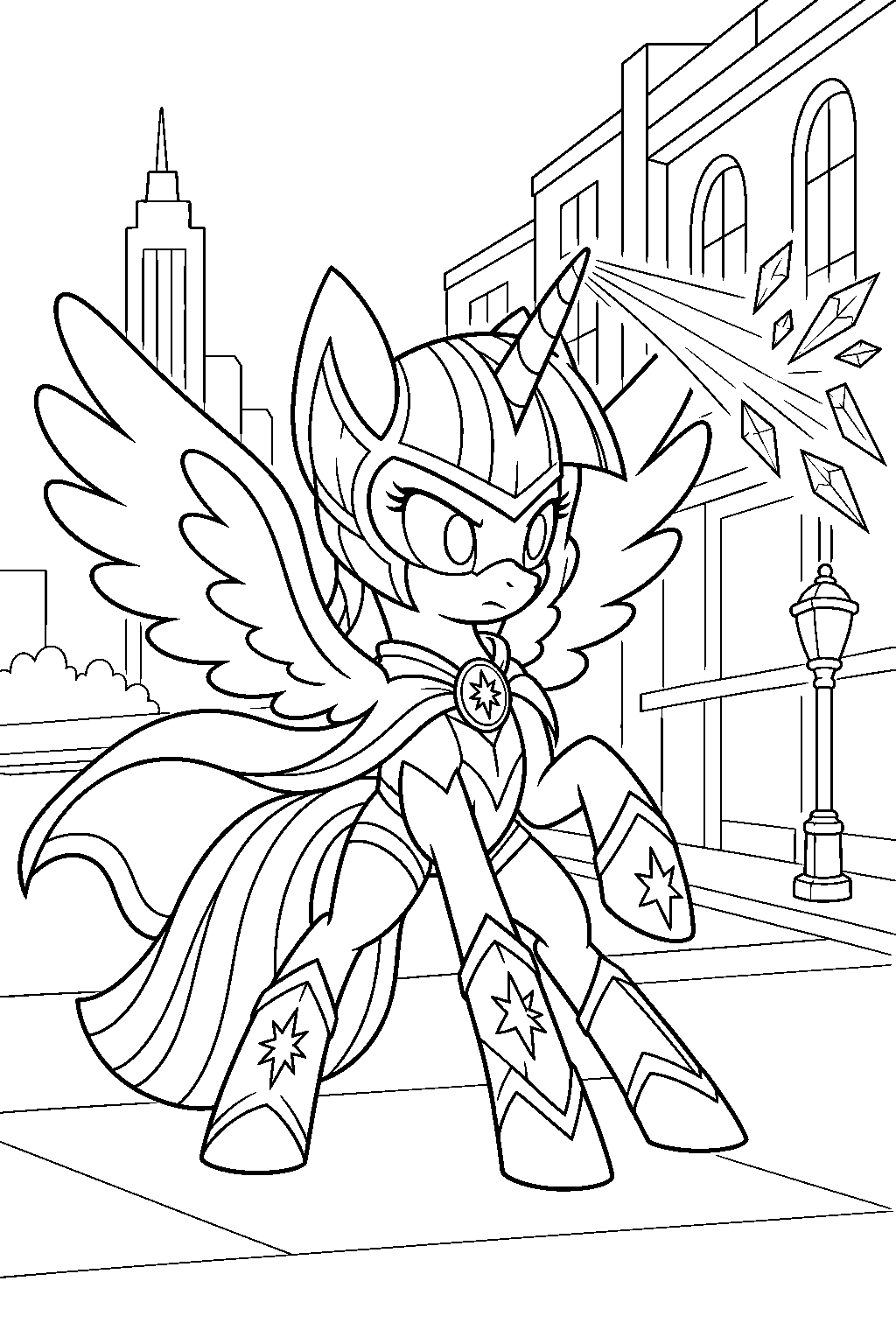 twilight sparkle as masked matter horn firing a ze ray on a maretropolis street line art