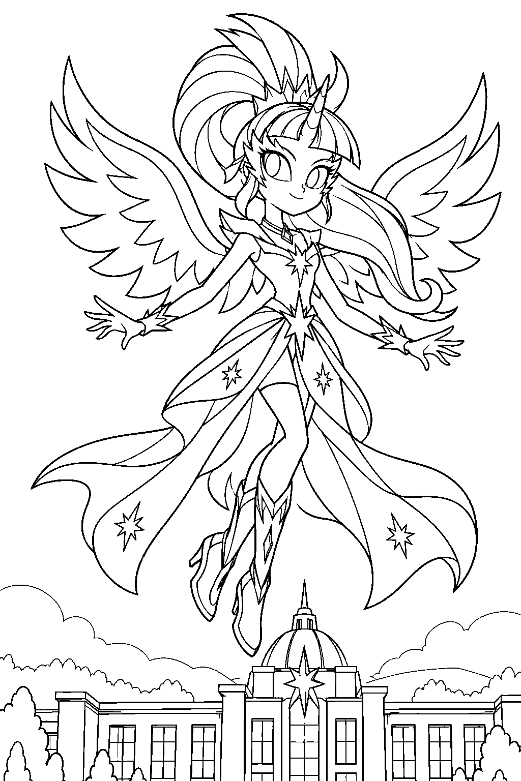 twilight sparkle as midnight sparkle spreading her magical wings above canterlot high line art