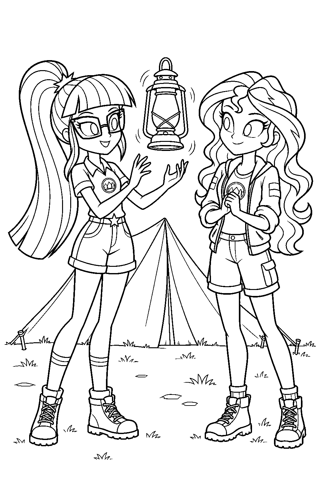 twilight sparkle as sci twi levitating a lantern with sunset shimmer beside their camp ever tent line art
