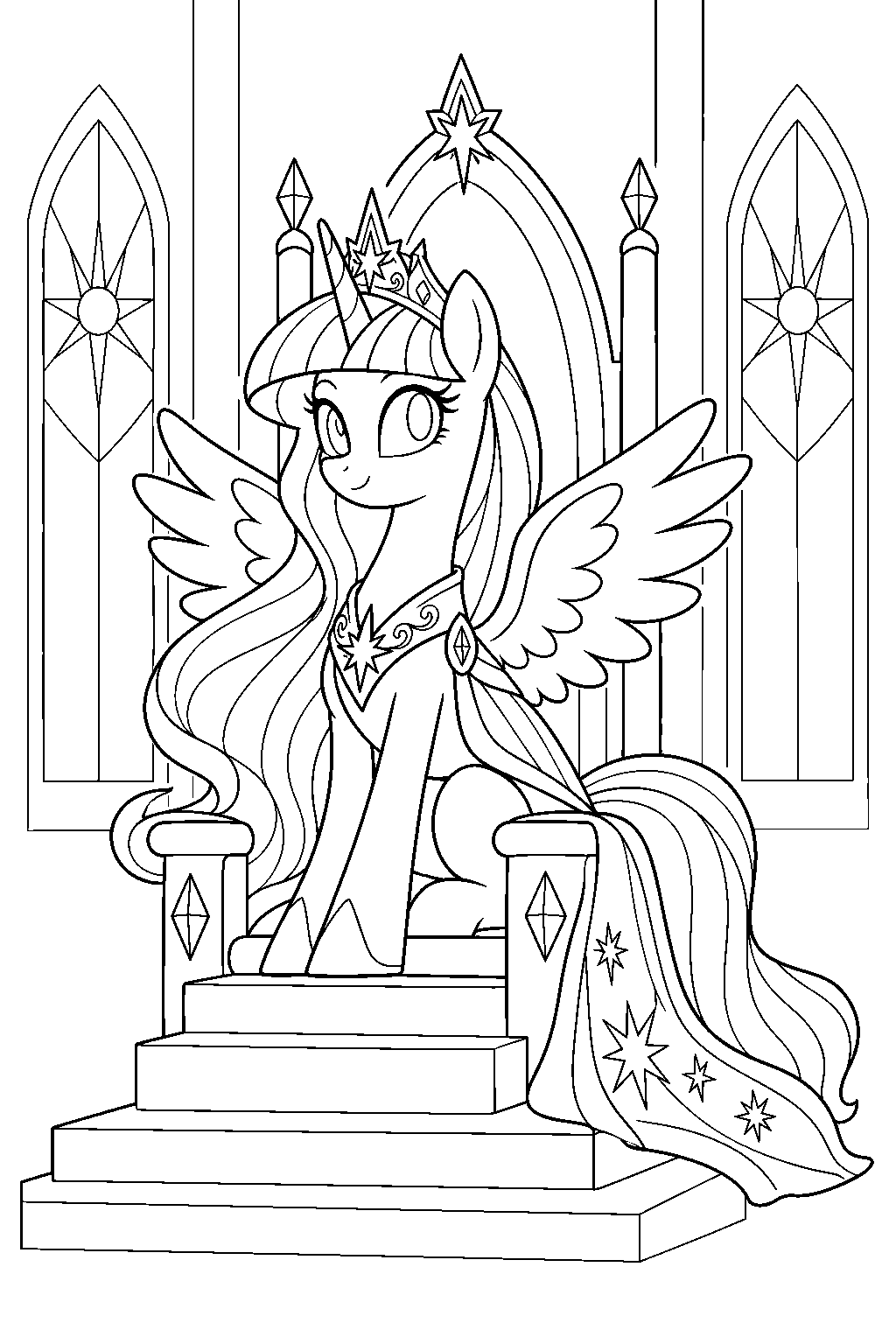 twilight sparkle as the future ruler of equestria seated on her throne in canterlot castle line art