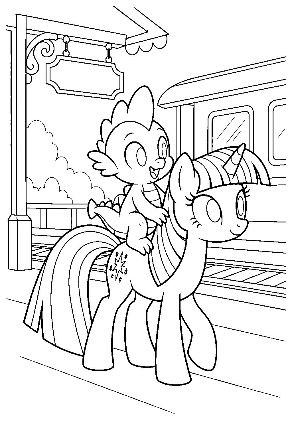 twilight sparkle carrying spike on her back as they arrive at ponyville train station line art