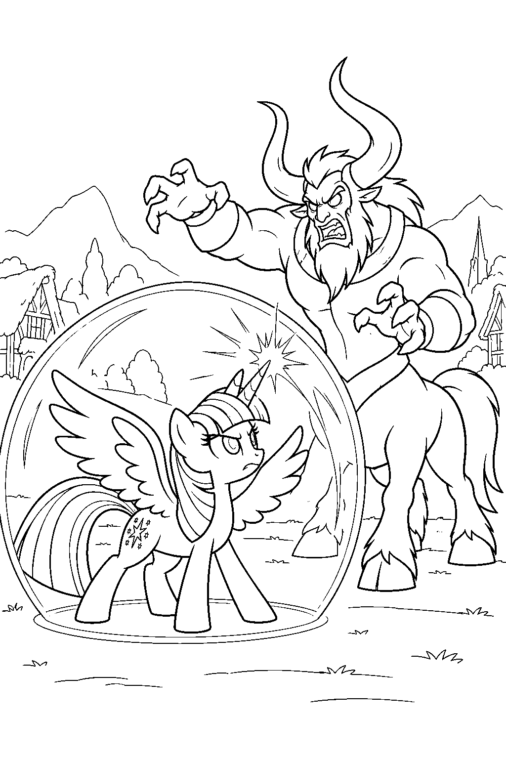 twilight sparkle casting a protective shield during her battle with tirek near ponyville line art