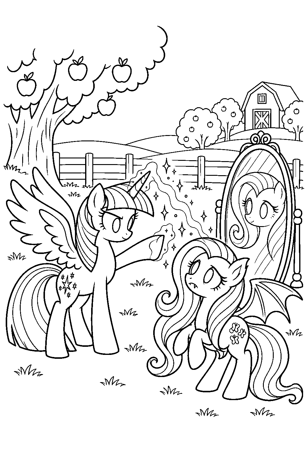twilight sparkle casting the reversal spell on flutterbat beside a mirror at sweet apple acres line art