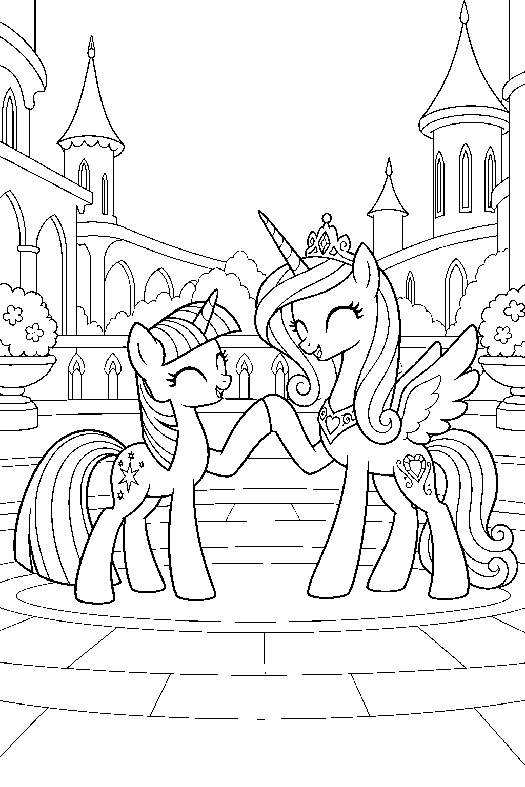 twilight sparkle doing her sunshine greeting dance with princess cadance in a canterlot courtyard line art