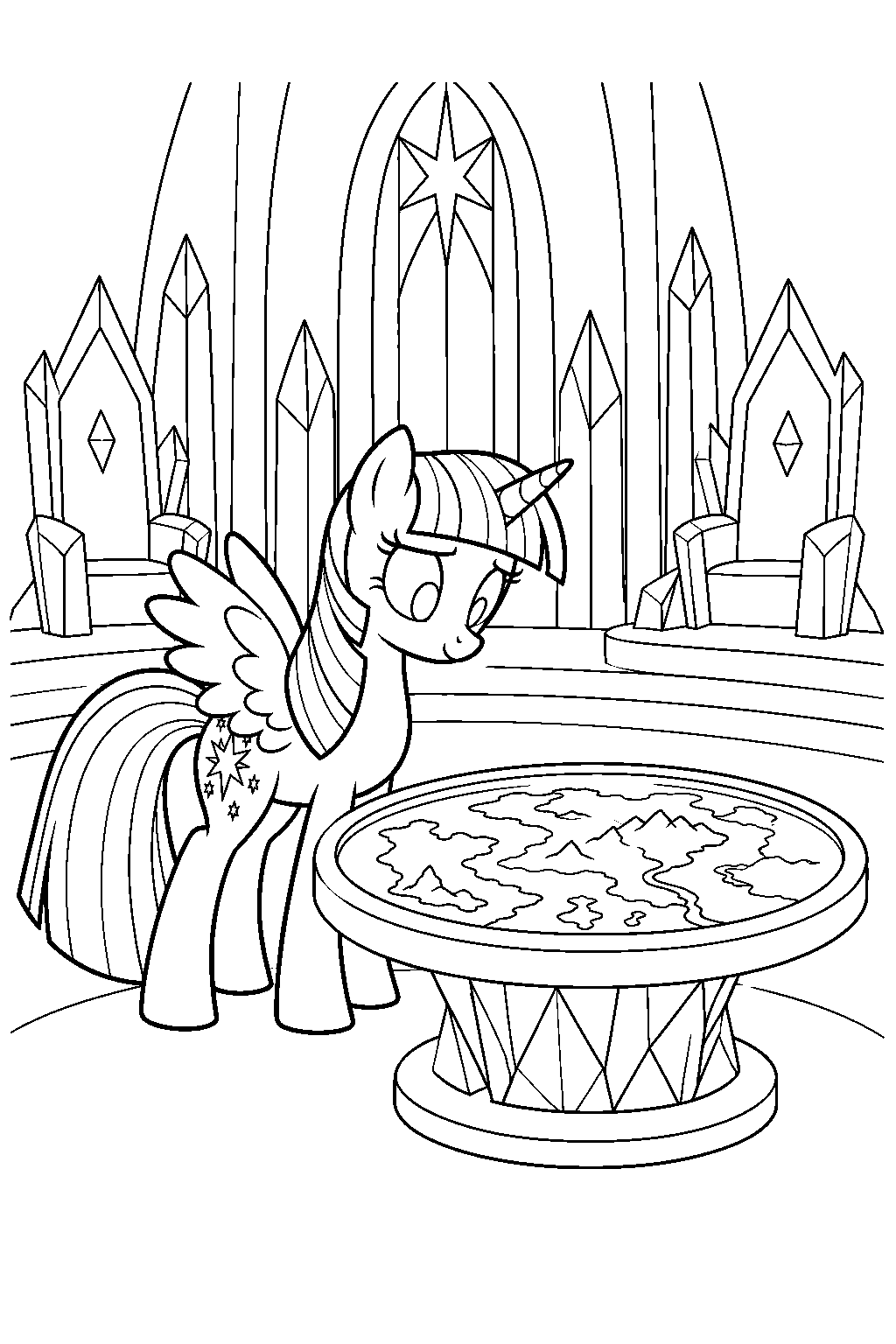 twilight sparkle examining the cutie map in the castle of friendship throne room line art