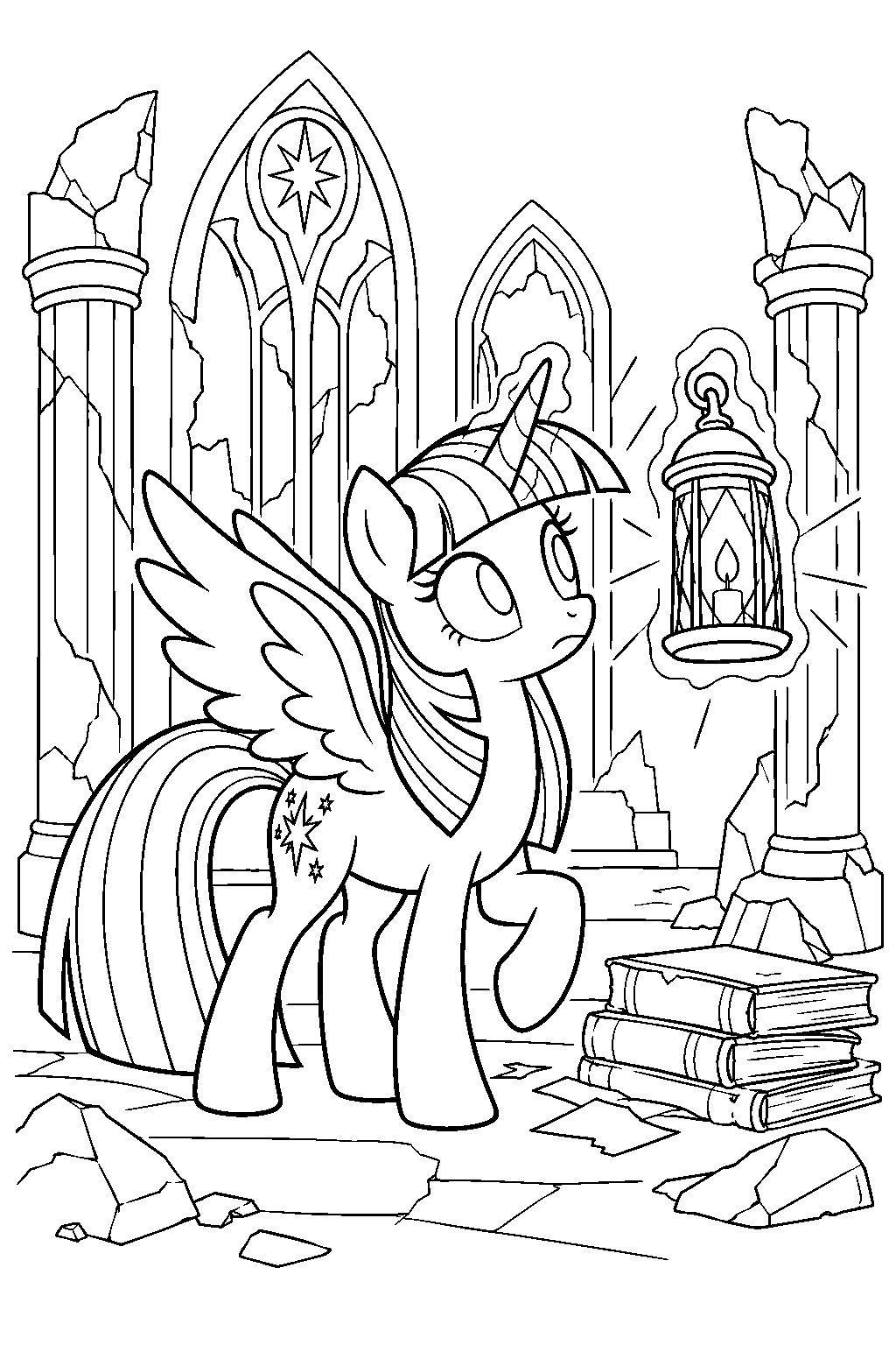 twilight sparkle exploring the ruined library of the castle of the two sisters with a lantern line art