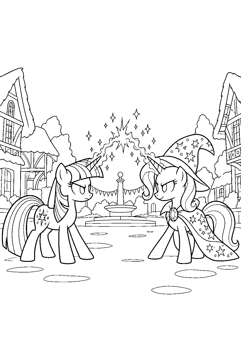 twilight sparkle facing trixie in a magic duel in ponyville town square line art