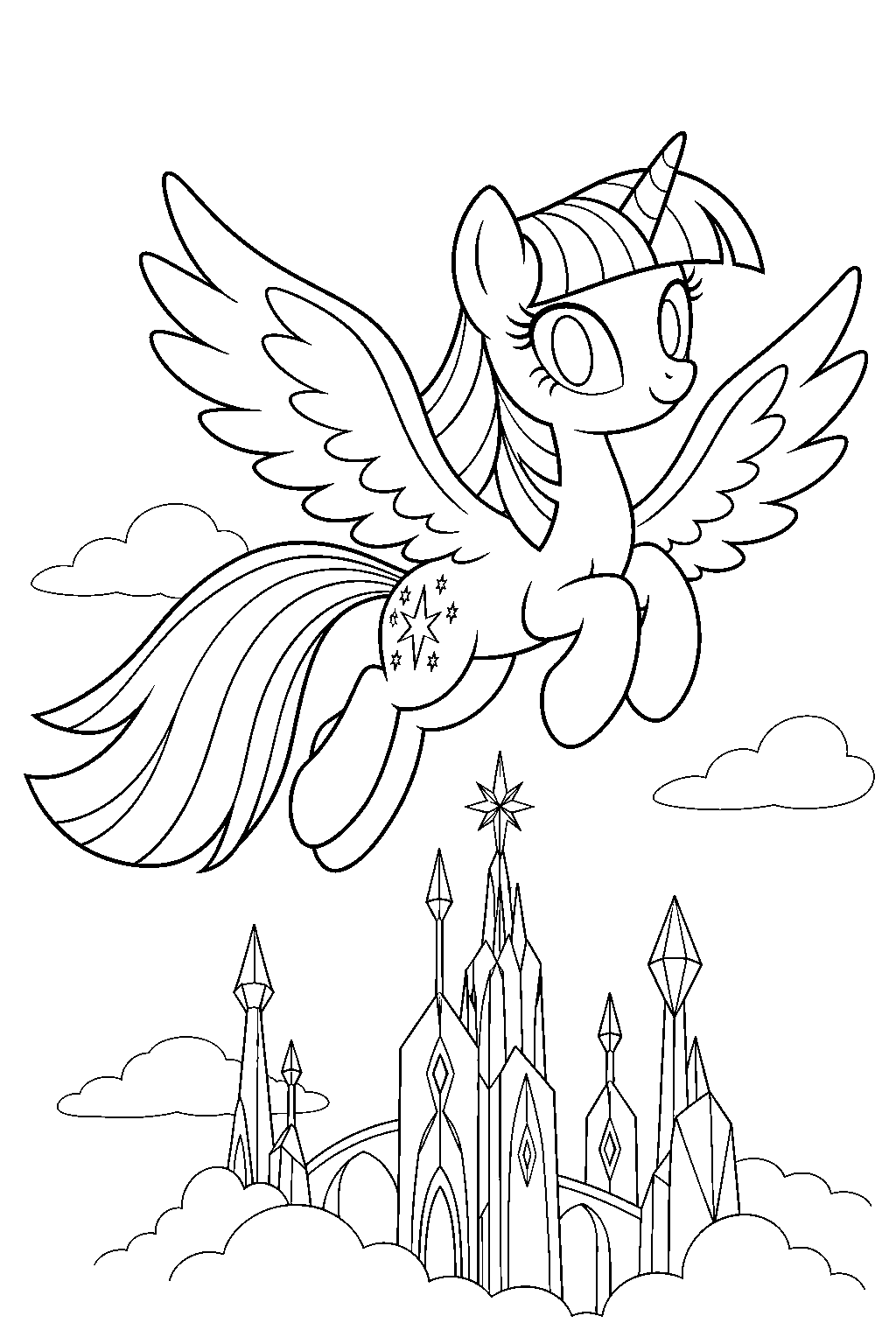 twilight sparkle flying above the towers of the castle of friendship line art