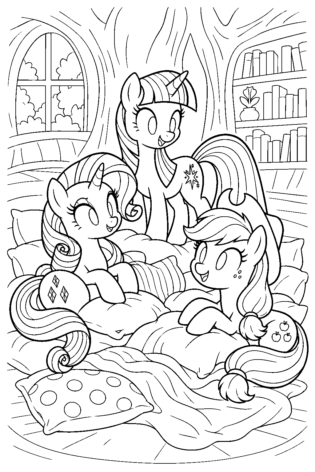 twilight sparkle hosting a pillow filled slumber party with rarity and applejack in golden oak library line art