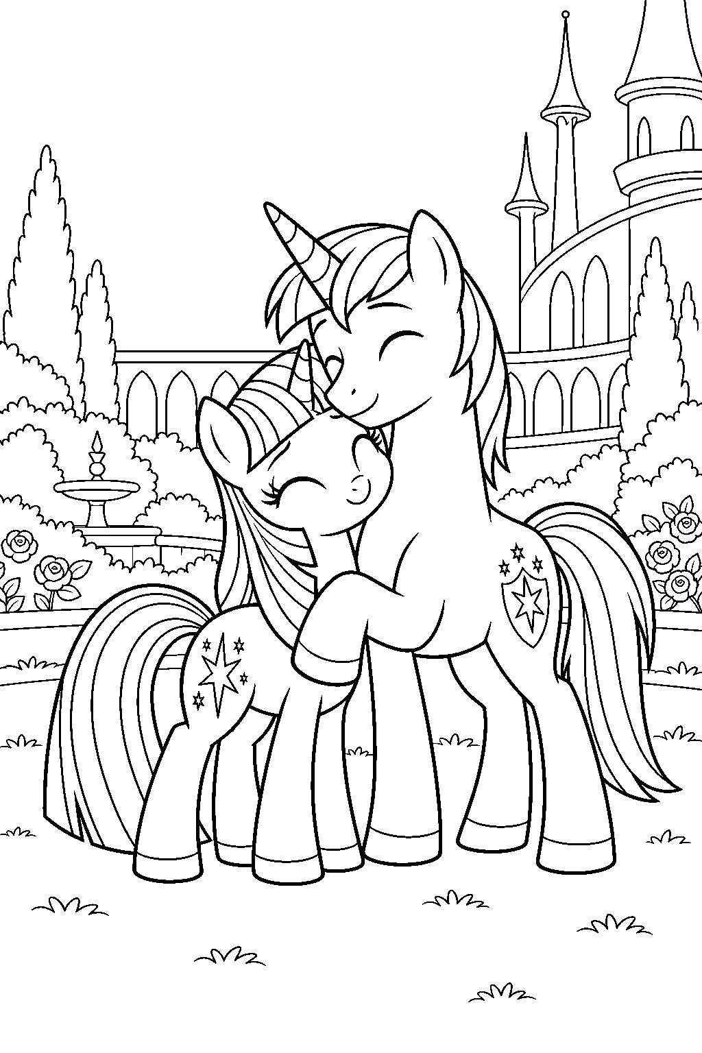 twilight sparkle hugging shining armor in the gardens of canterlot castle line art
