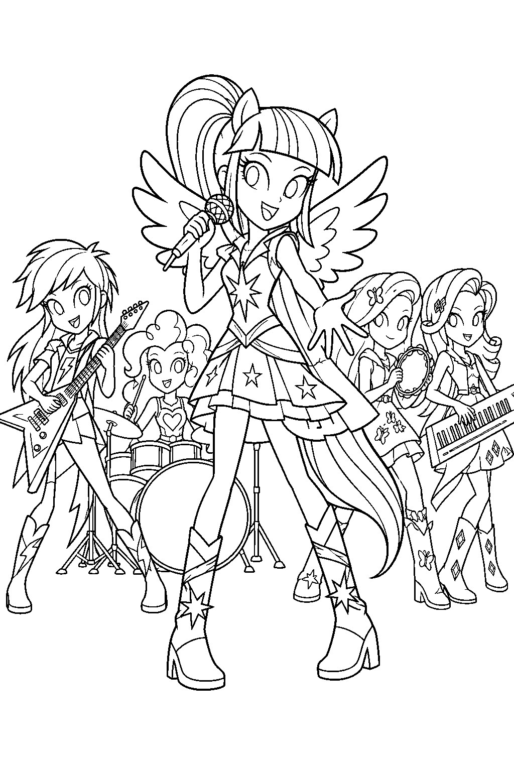 twilight sparkle in equestria girls singing into a microphone with the rainbooms at the battle of the bands line art