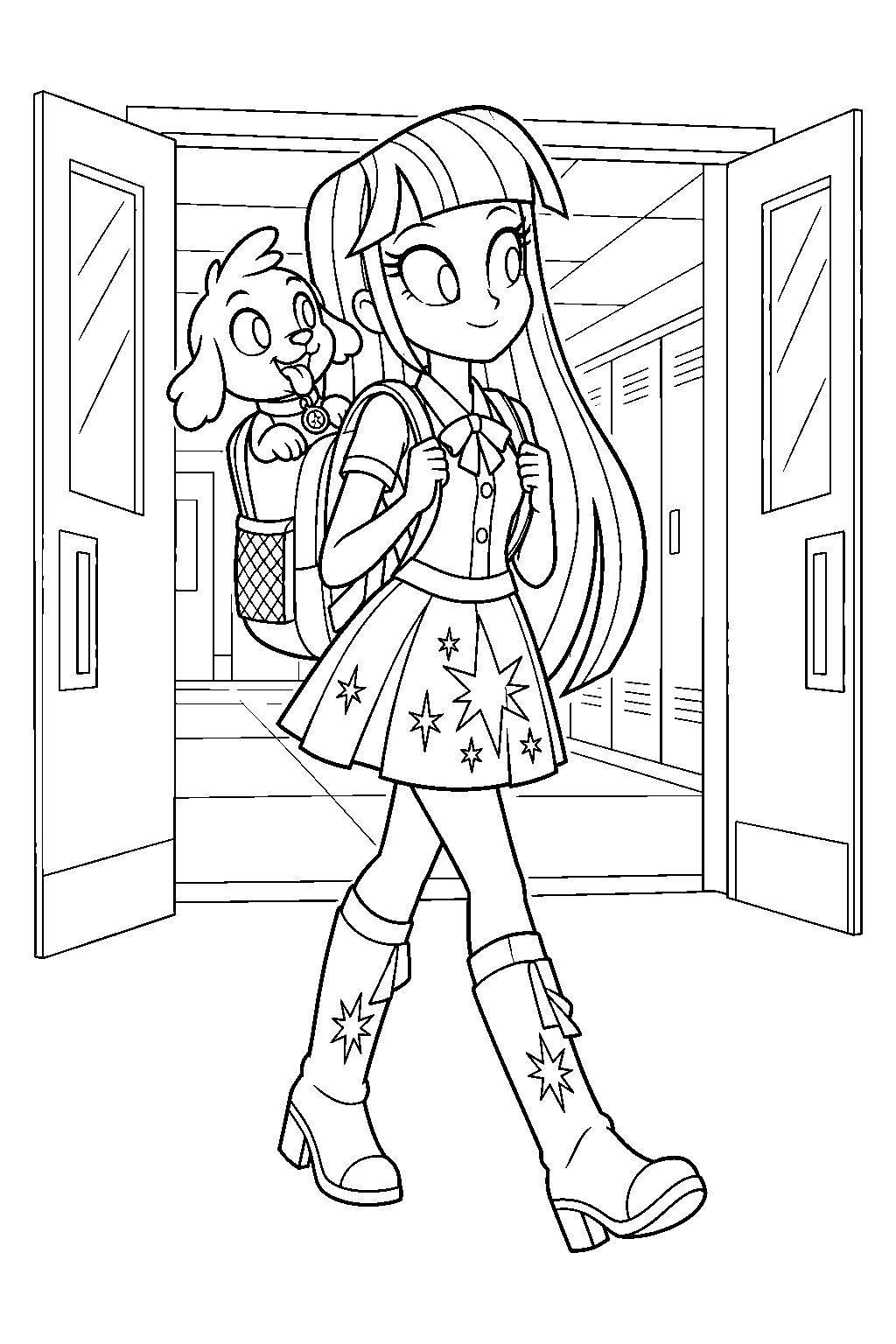 twilight sparkle in equestria girls walking through canterlot high with spike the dog in her backpack line art