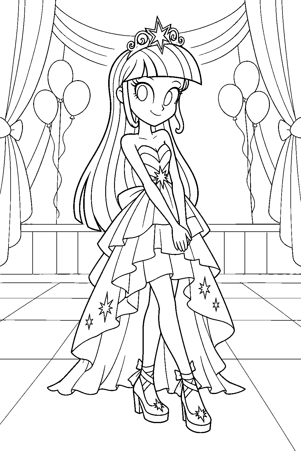 twilight sparkle in equestria girls wearing her fall formal crown and party dress in the school dance hall line art