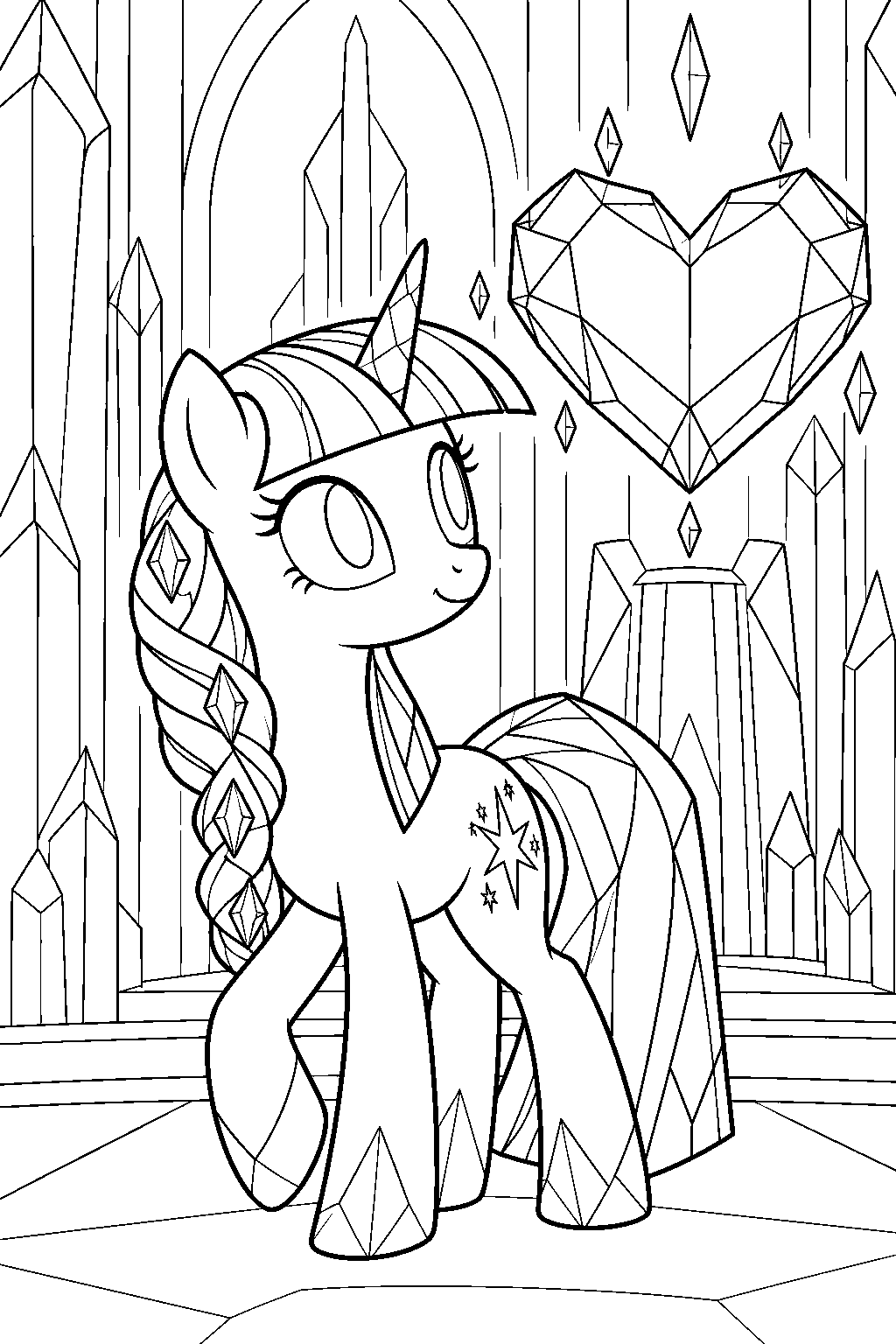 twilight sparkle in her crystal pony form beside the crystal heart in the crystal empire line art