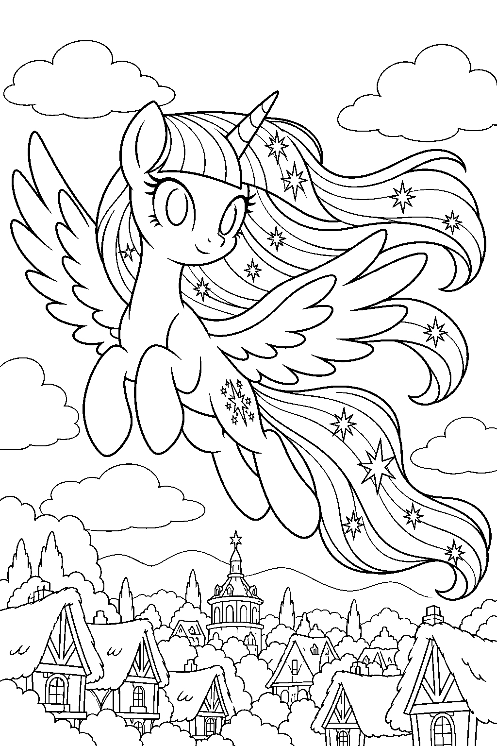 twilight sparkle in her rainbow power form with a flowing star patterned mane above ponyville line art