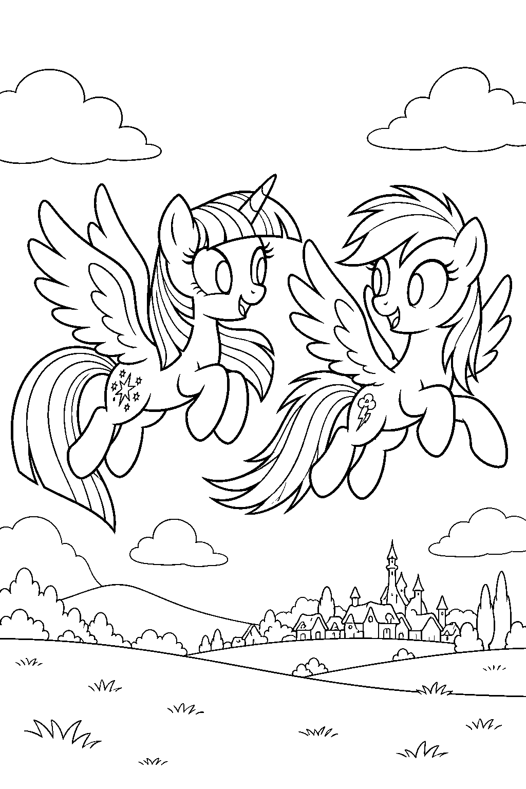 twilight sparkle learning to fly with rainbow dash over a field near ponyville line art