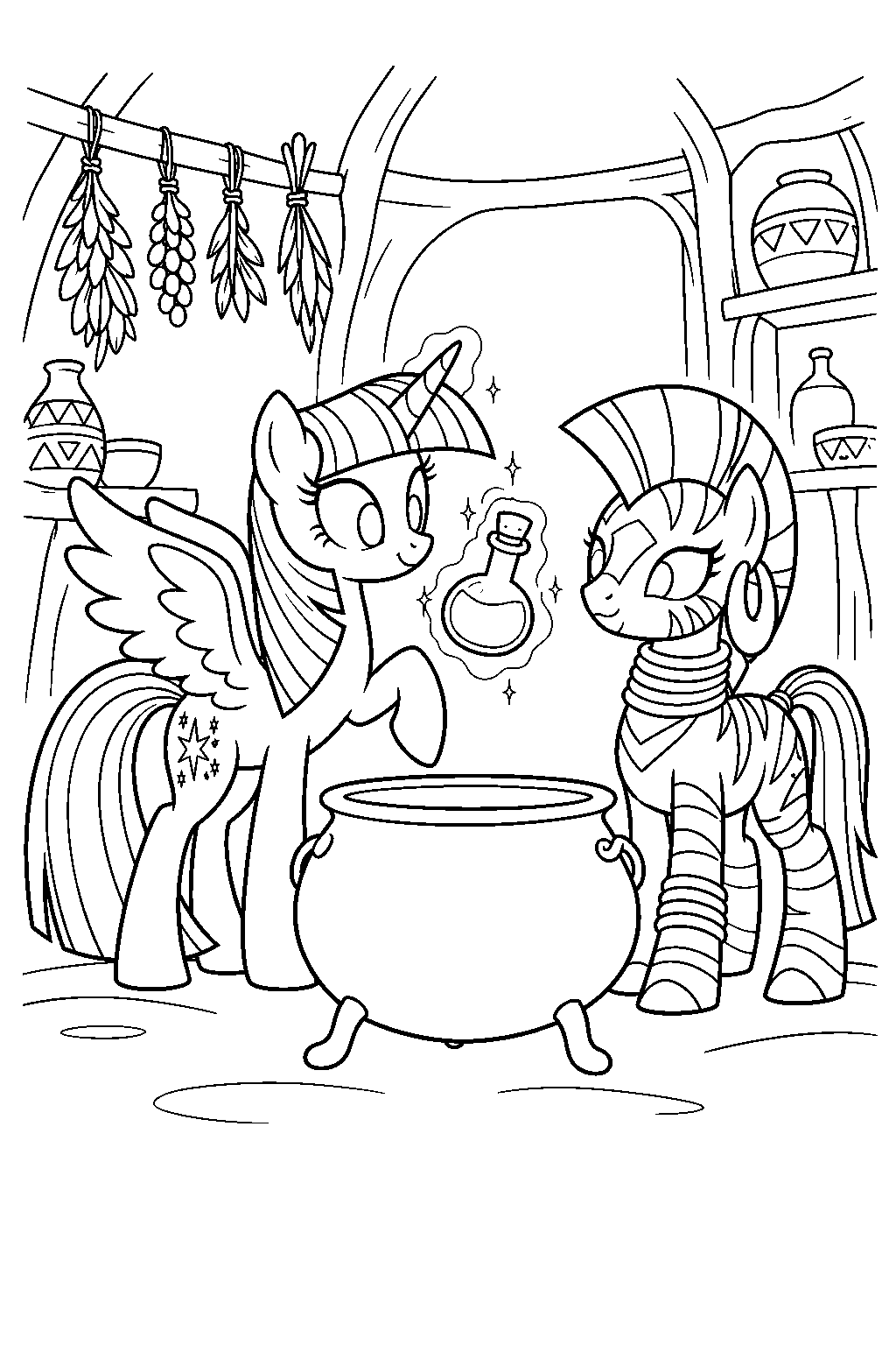 twilight sparkle levitating a potion bottle beside zecora s cauldron in her ever forest hut line art