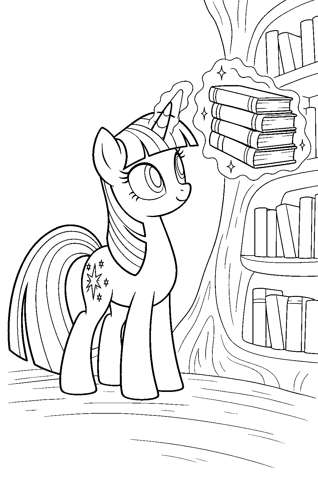 twilight sparkle levitating a stack of books onto the shelves of her tree library line art