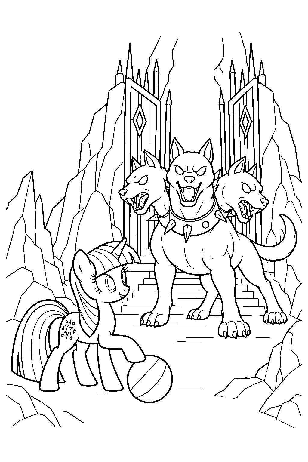 twilight sparkle luring cerberus toward the gates of tartarus with a ball line art