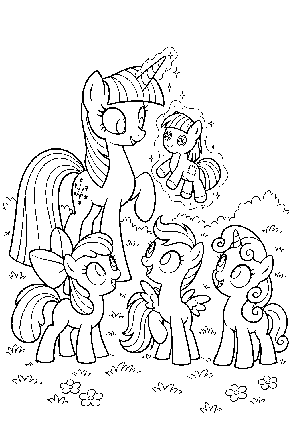 twilight sparkle offering her childhood doll smarty pants to the cutie mark crusaders in a meadow line art