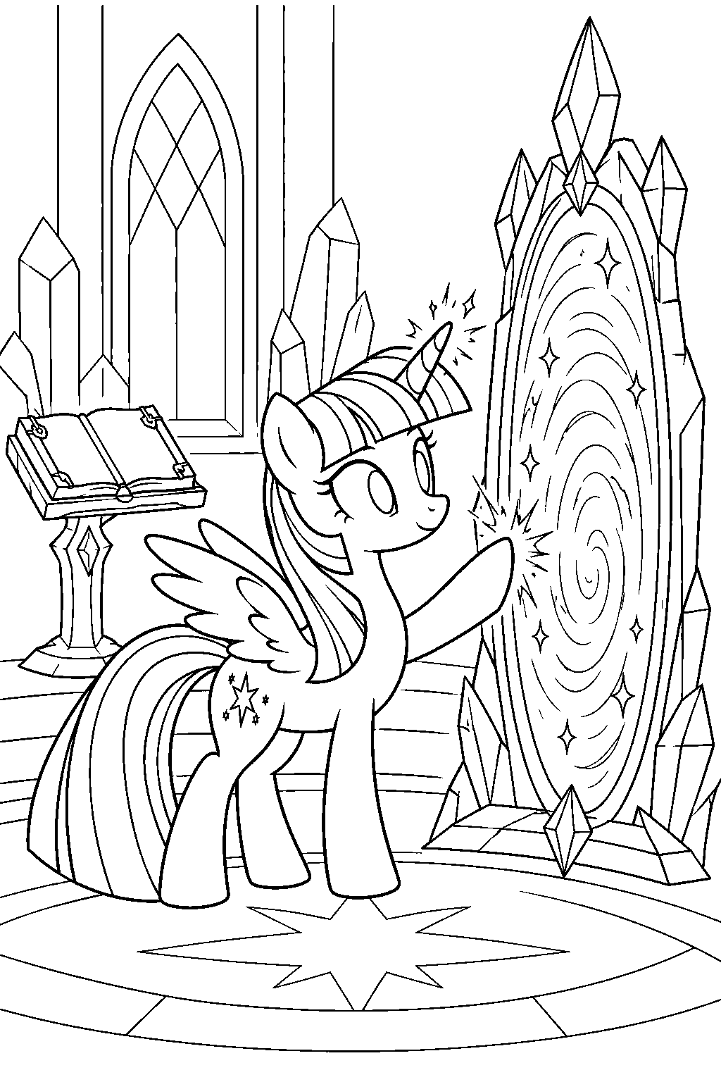 twilight sparkle opening a sparkling crystal mirror portal in her castle laboratory line art