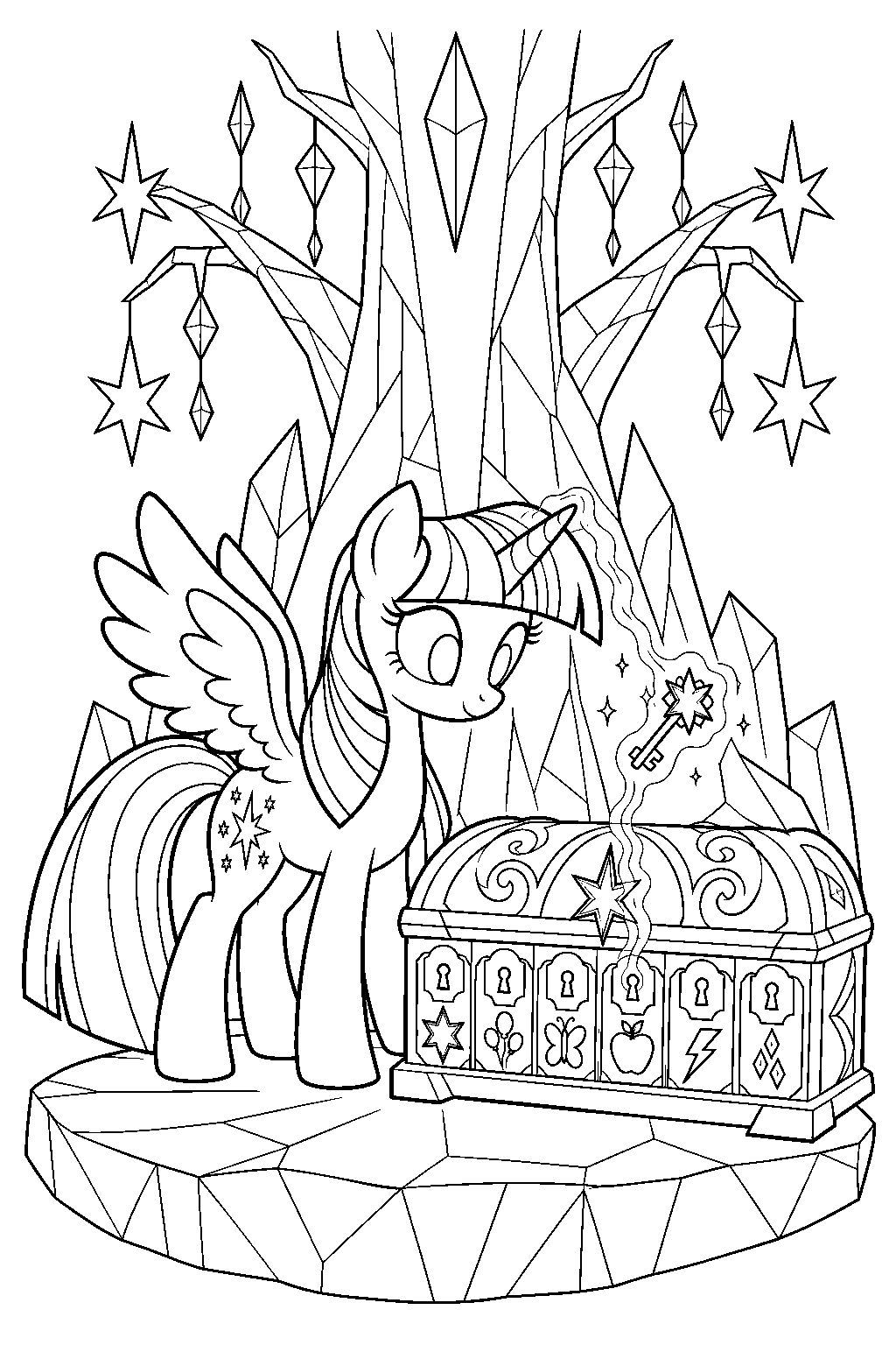 twilight sparkle opening the six key chest beneath the tree of harmony line art