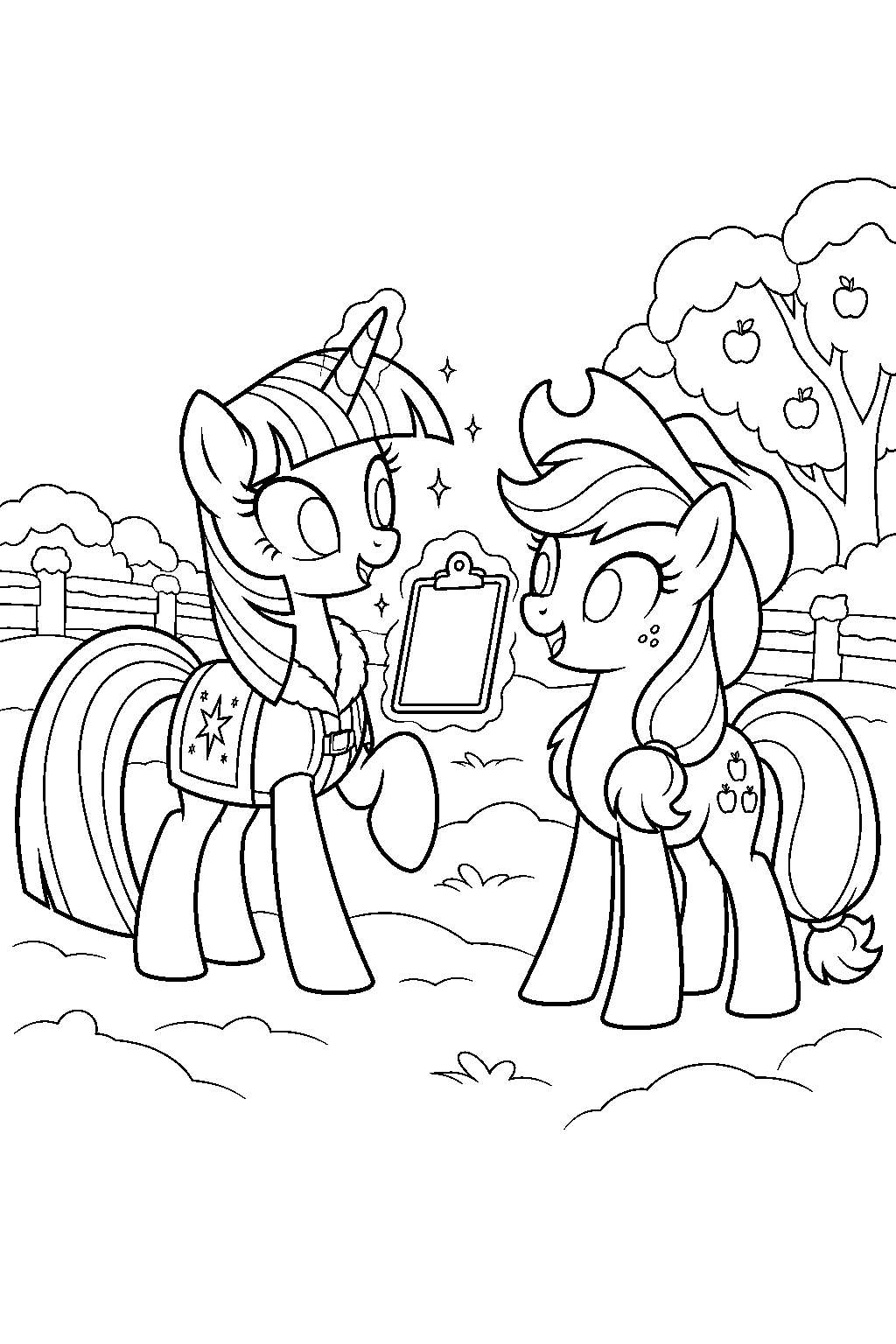 twilight sparkle organizing winter wrap up with applejack beside snowy farm fields line art