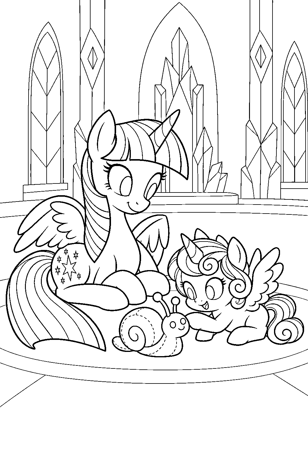 twilight sparkle playing with flurry heart and her stuffed snail toy in the castle of friendship line art