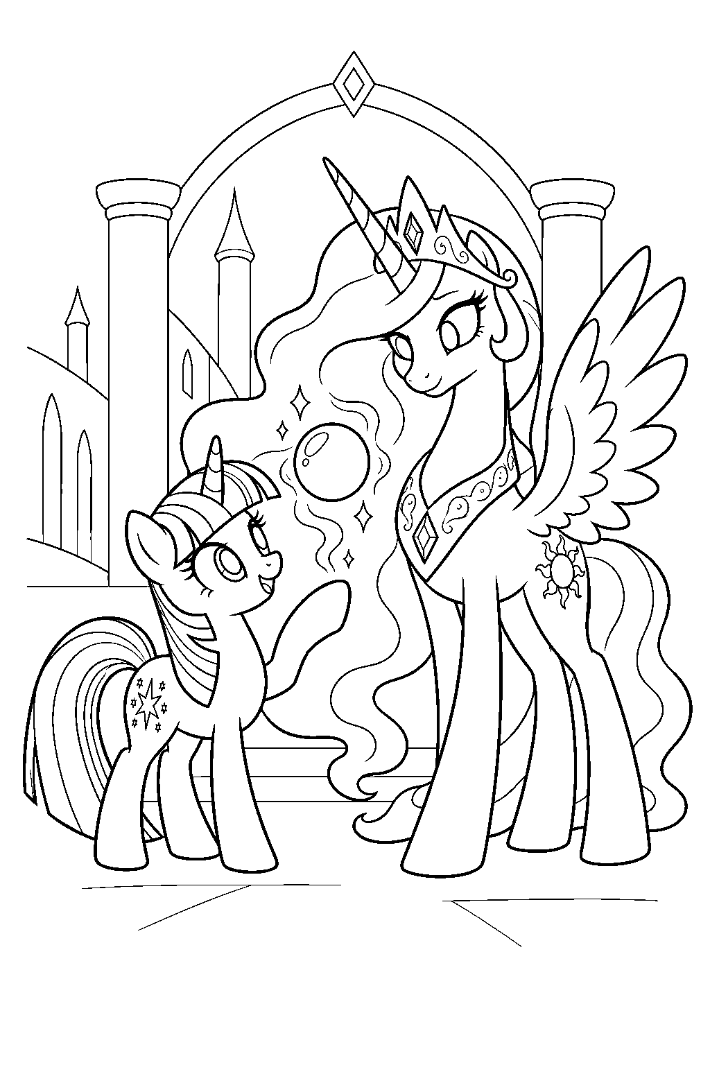 twilight sparkle practicing a magic spell with princess celestia at the school for gifted unicorns line art