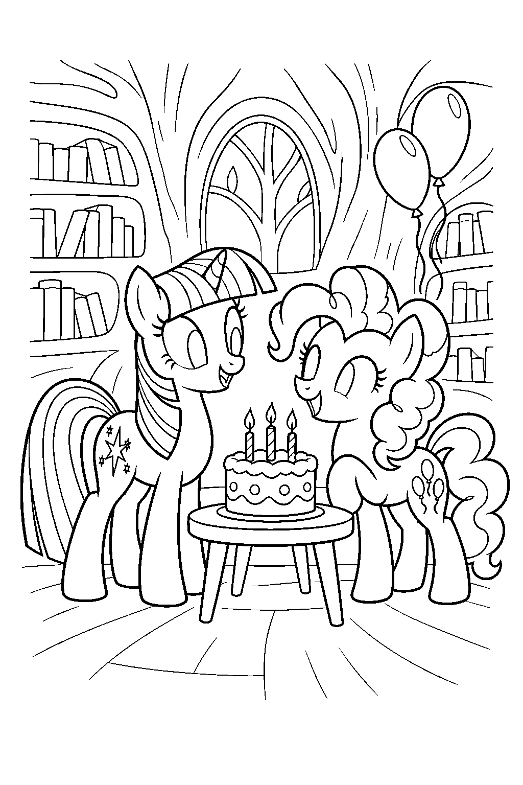 twilight sparkle sharing a birthday cake with pinkie pie at her library party line art