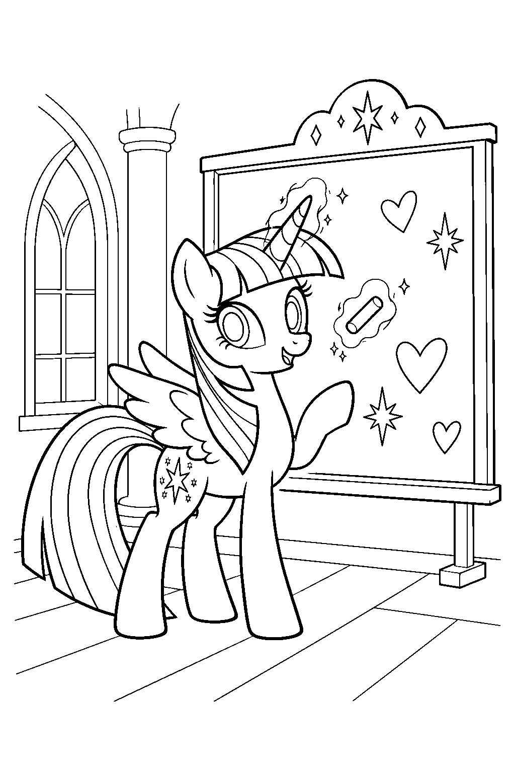 twilight sparkle teaching a friendship lesson beside a classroom chalkboard at the school of friendship line art