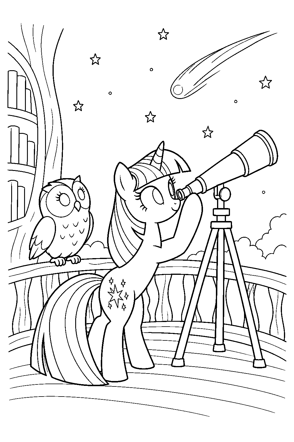 twilight sparkle watching a comet through a telescope with owlowiscious on her library balcony line art