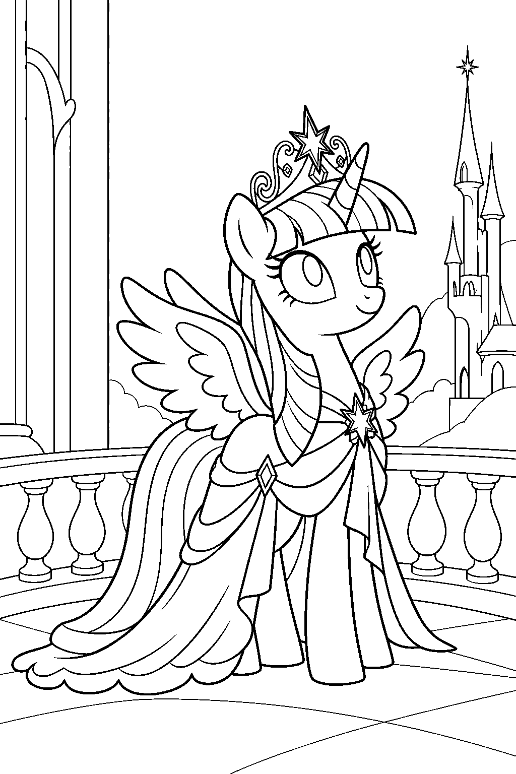 twilight sparkle wearing her princess crown and coronation gown on a canterlot balcony line art