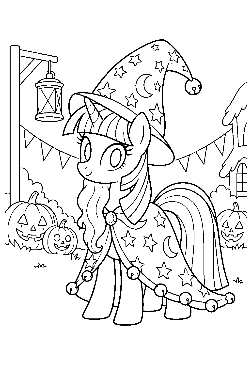 twilight sparkle wearing her star swirl the bearded costume at ponyville s nightmare night festival line art