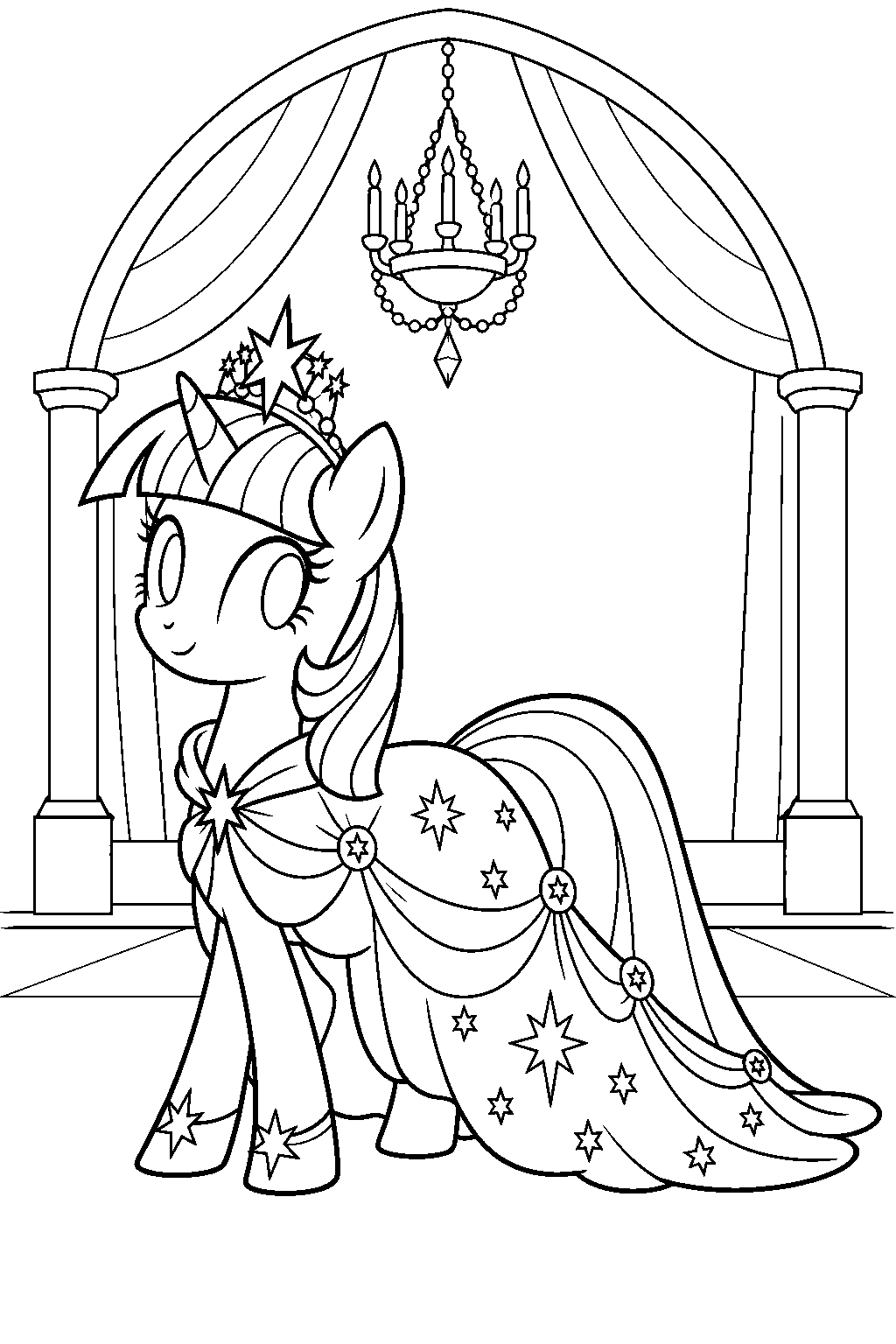 twilight sparkle wearing her starry grand galloping gala dress in the canterlot ballroom line art