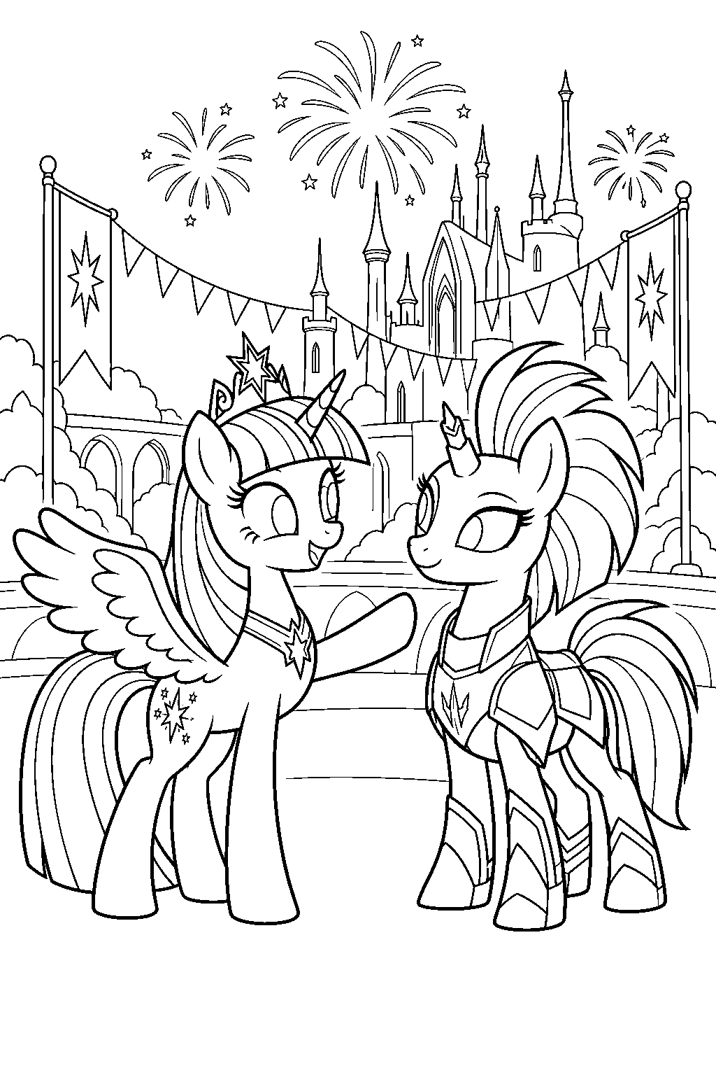 twilight sparkle welcoming tempest shadow back to the friendship festival in canterlot line art