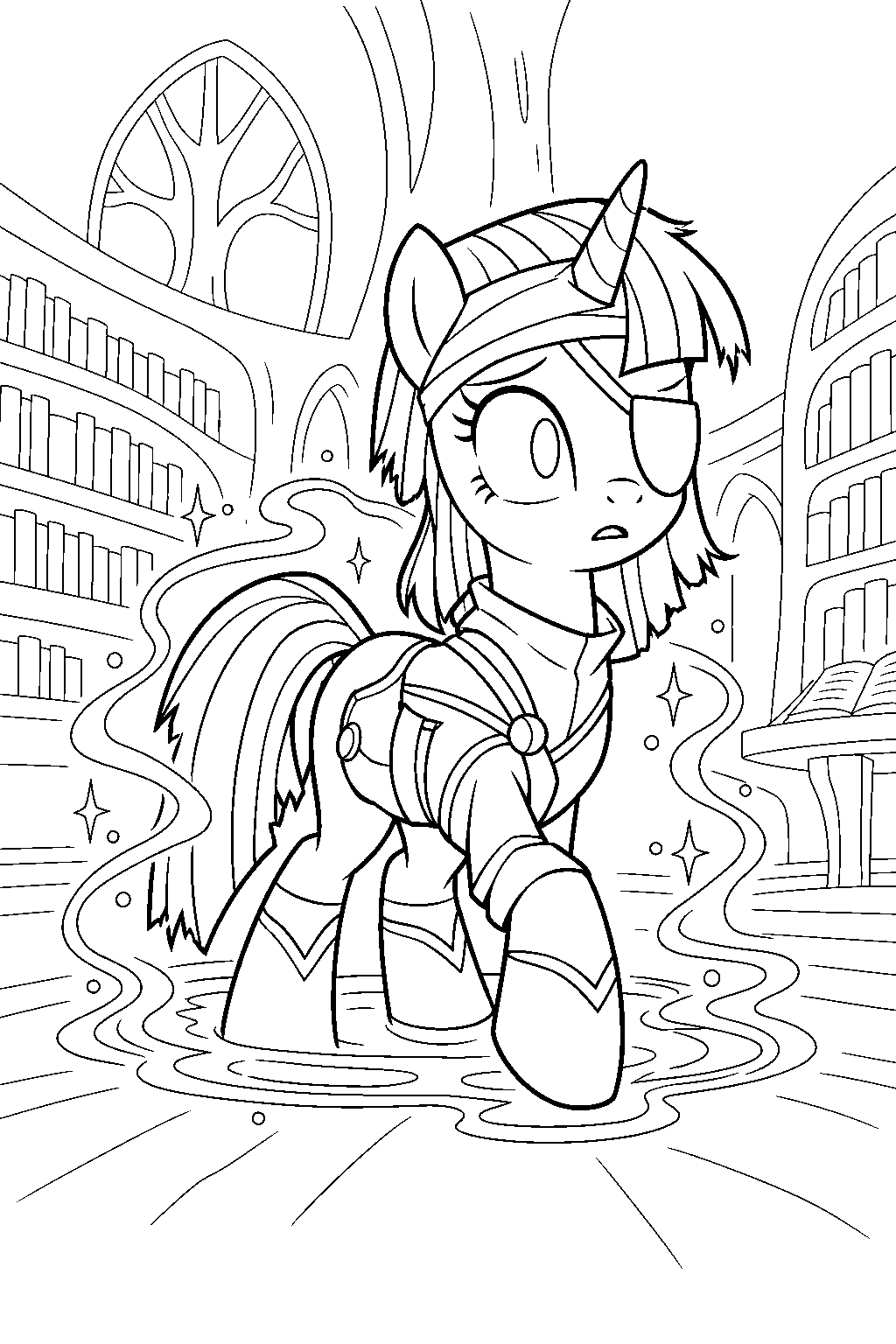 twilight sparkle with an eyepatch and head bandage emerging from a time travel spell in golden oak library line art