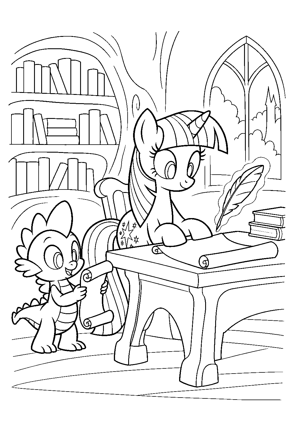 twilight sparkle writing a friendship letter while spike unrolls a scroll beside her library desk line art
