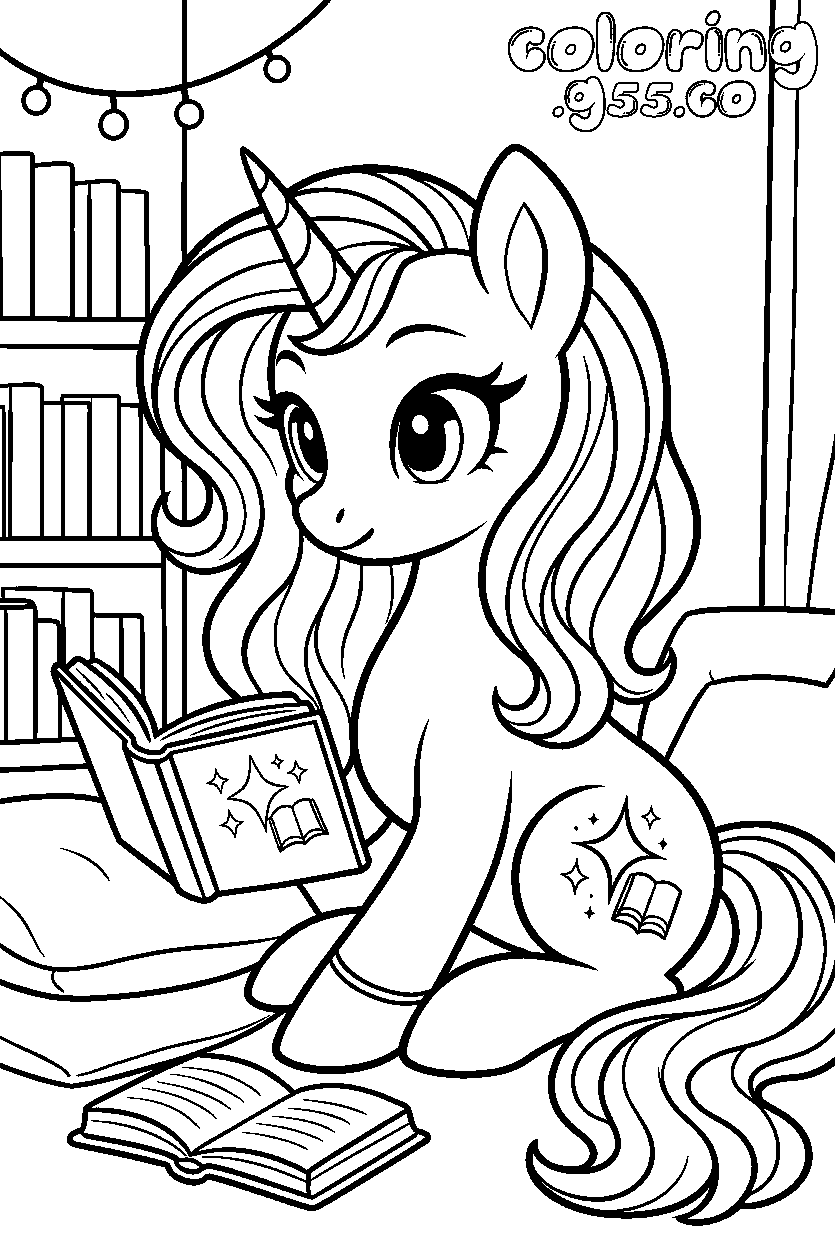 cozy my little pony magic unicorn reading in library line art sheet