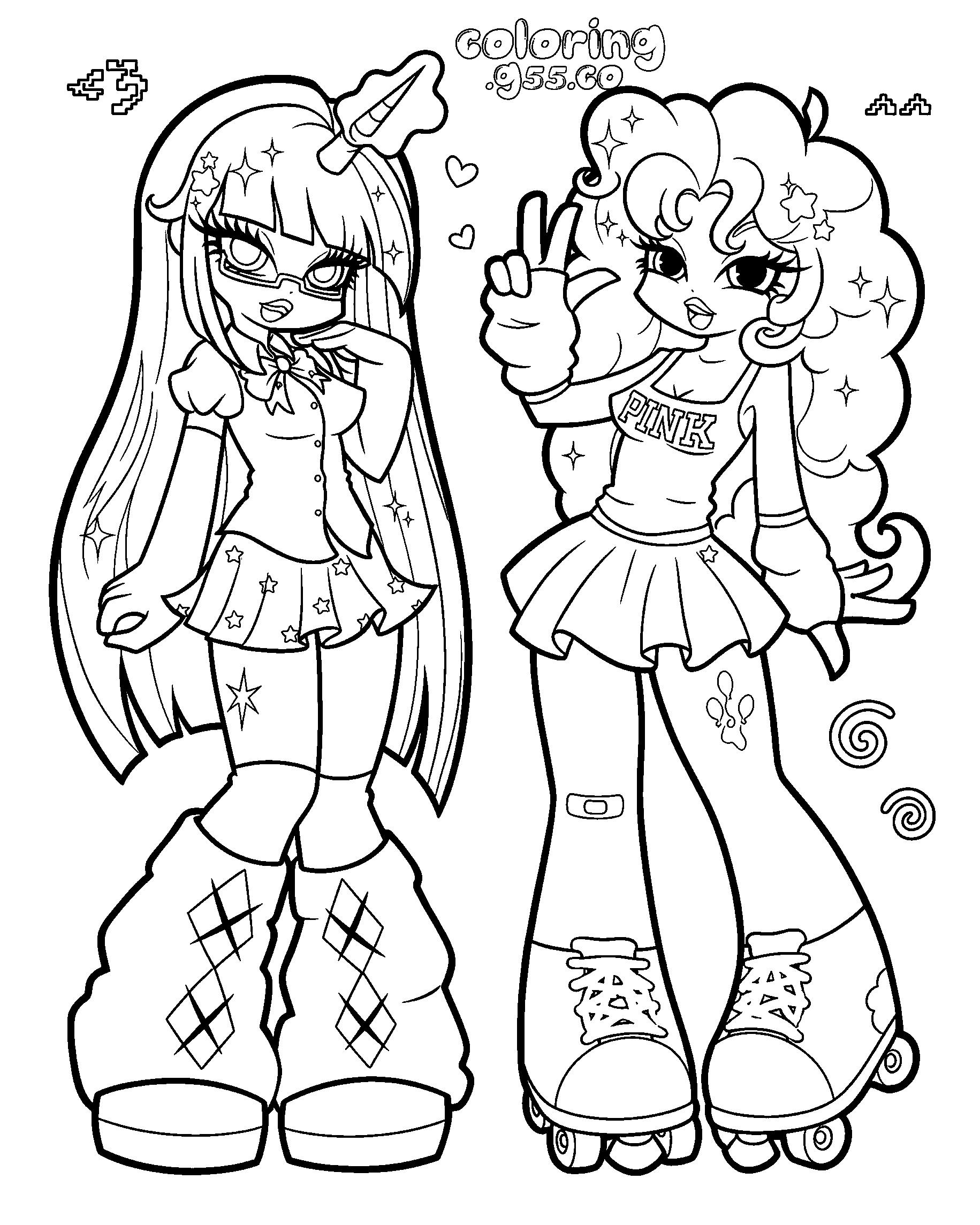 equestria girls y2k anime twilight sparkle and pinkie pie roller skates line art