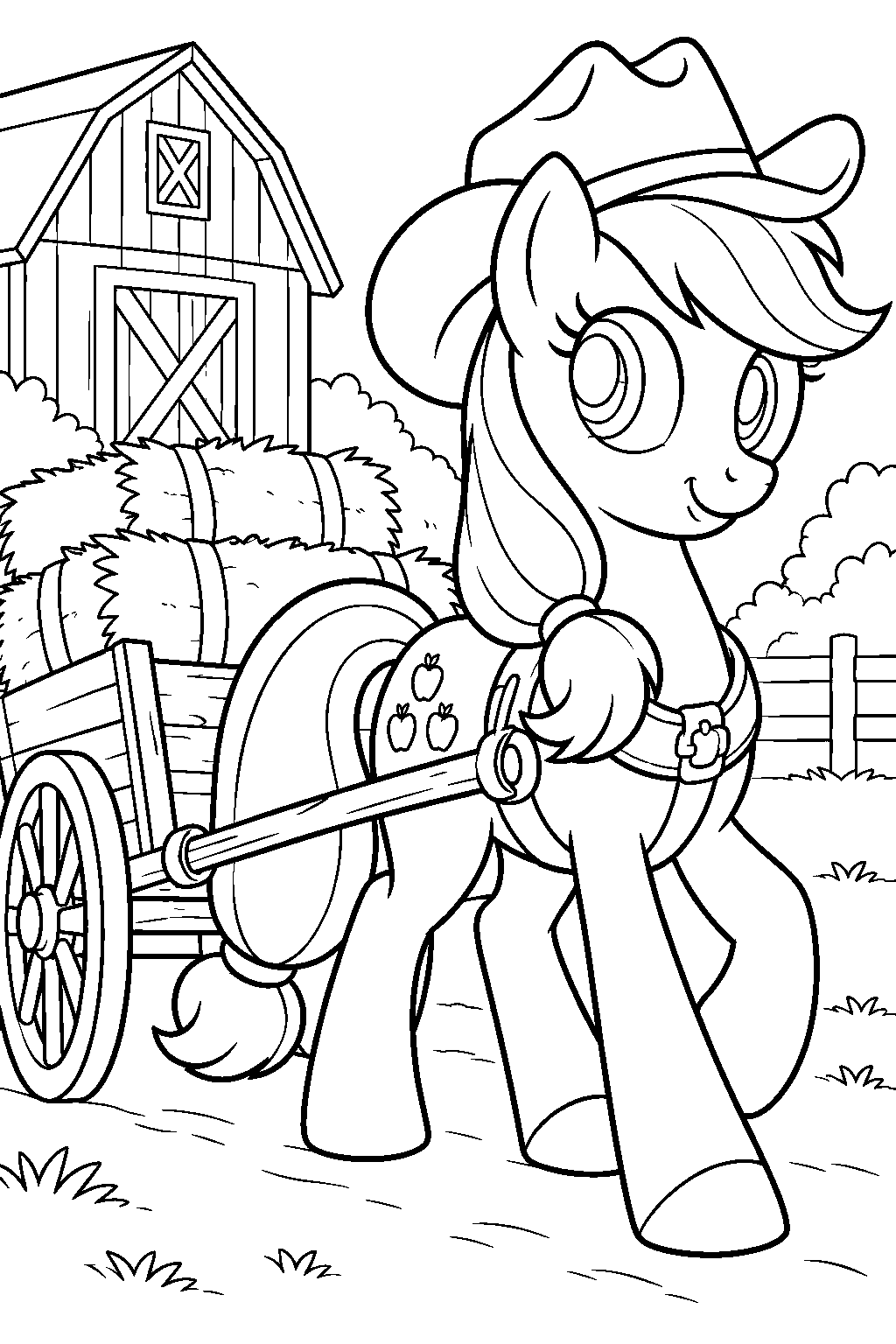 my little pony applejack pulling a hay cart past the farm barn line art