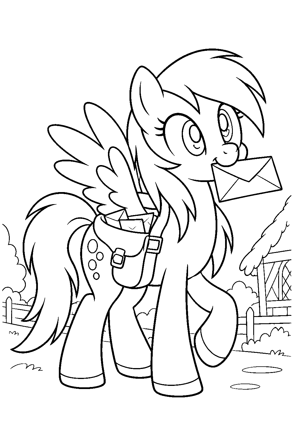 my little pony derpy hooves delivering a letter with a mailbag in ponyville line art