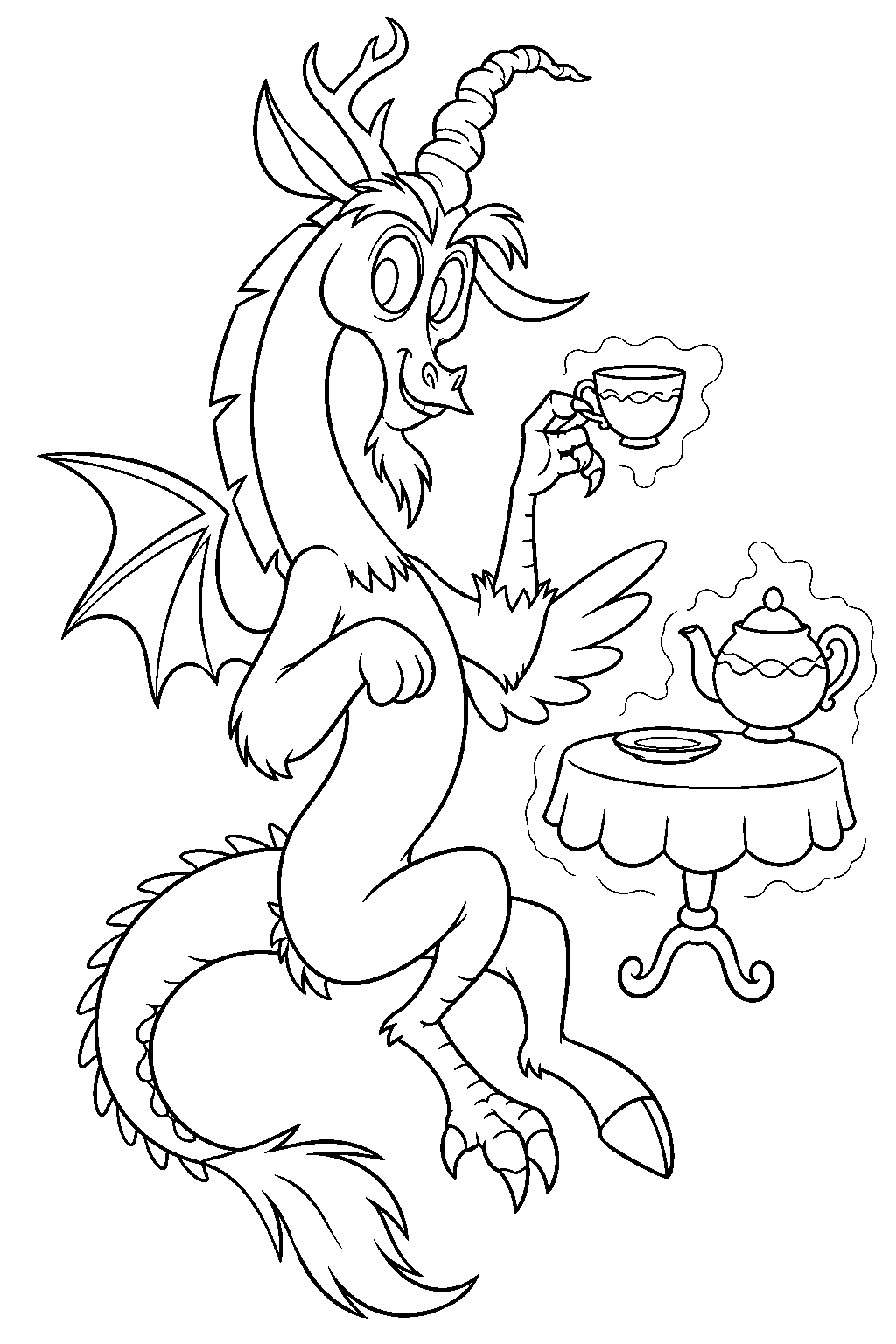 my little pony discord having a floating tea party in his realm of chaos line art