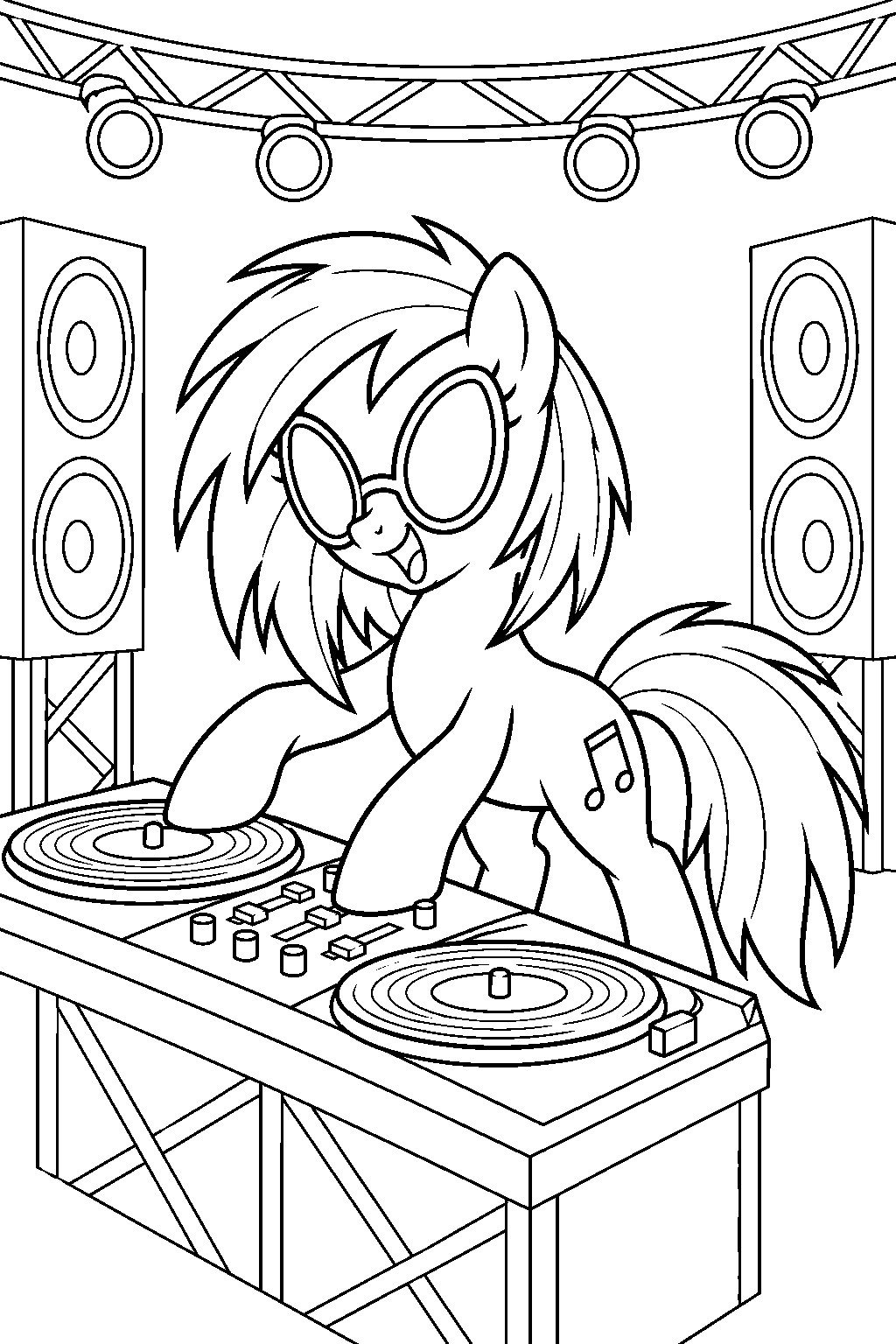 my little pony dj pon 3 vinyl scratch performing at turntables on a concert stage line art