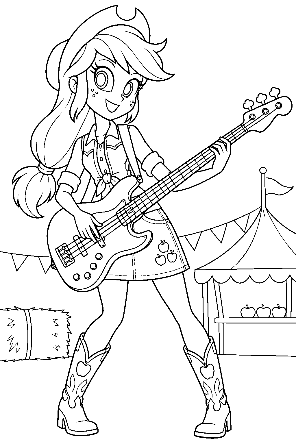 my little pony equestria girls applejack playing bass guitar at the canterlot high carnival line art