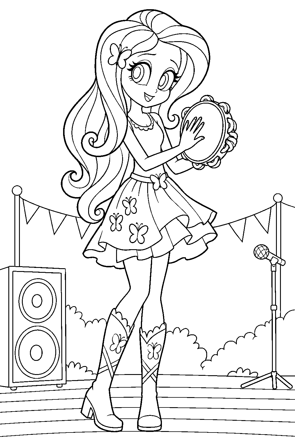 my little pony equestria girls fluttershy playing a tambourine at an outdoor concert line art