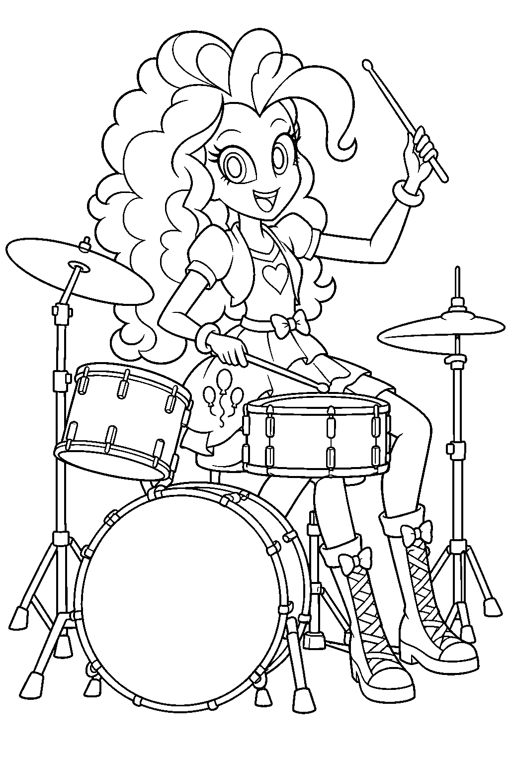 my little pony equestria girls pinkie pie playing drums in the school music room line art